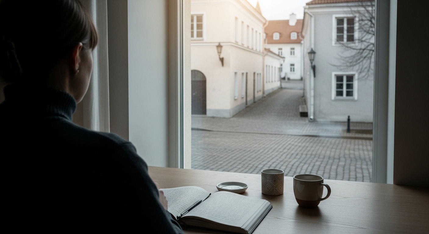 Estudiante junto a la ventana con un cuaderno y un café