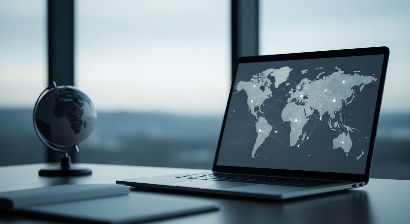 Portátil con un mapa del mundo y estudiantes conectados